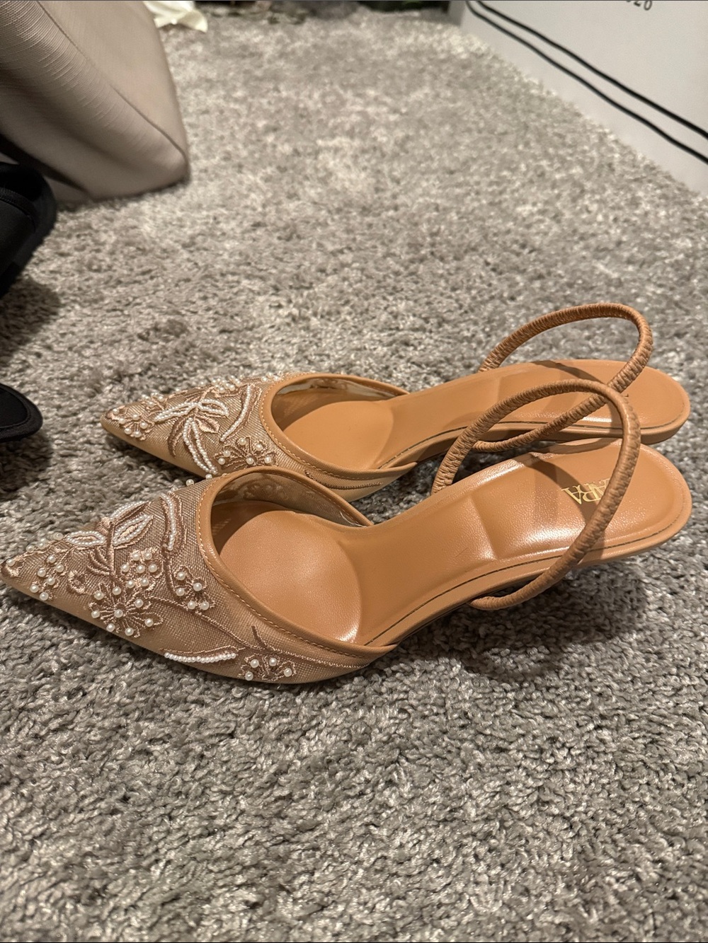 Zara Beige Embroidered Slingback Pointed Heels